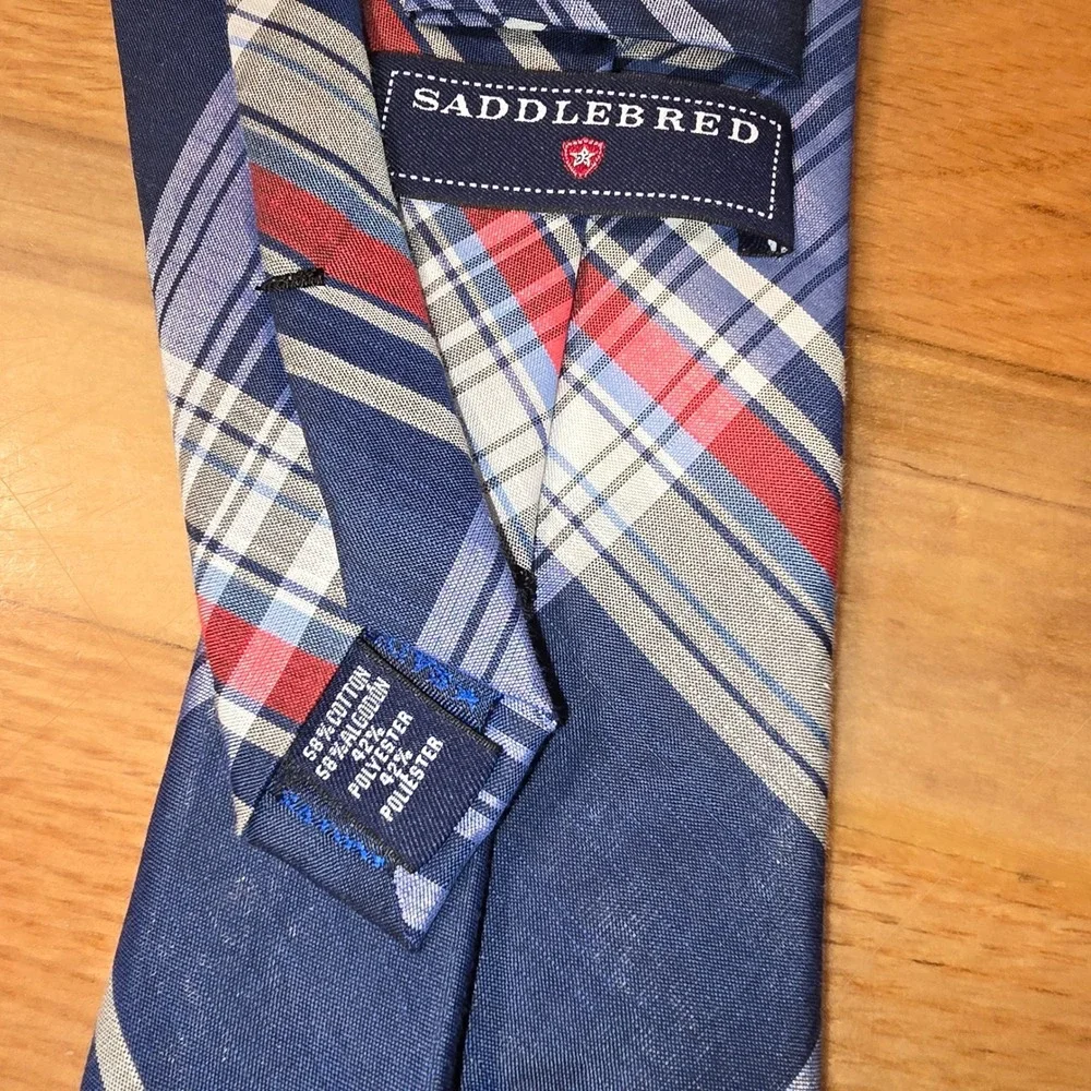 Saddlebred Mens Necktie Navy Blue Red White Plaid Cotton Blend Classic Tie